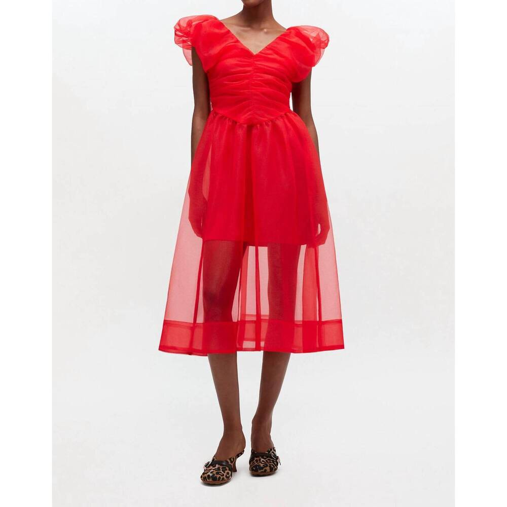 NEW GANNI textured organza long ruched dress in marsred - Picture 1 of 5